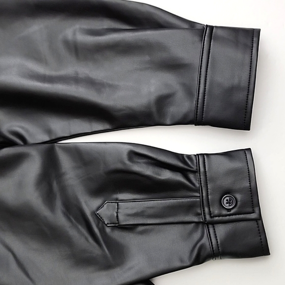 NWT French Connection Women's Crolenda Button Up Black Faux Leather Top Sz L - Picture 3 of 12